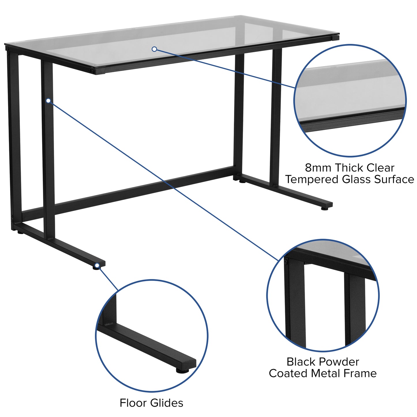 Singleton Glass Desk with Black Pedestal Metal Frame Clear Top/Black Frame
