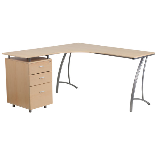 Beech Laminate L-Shape Desk with Three Drawer Pedestal Beech NAN-WK-113-GG