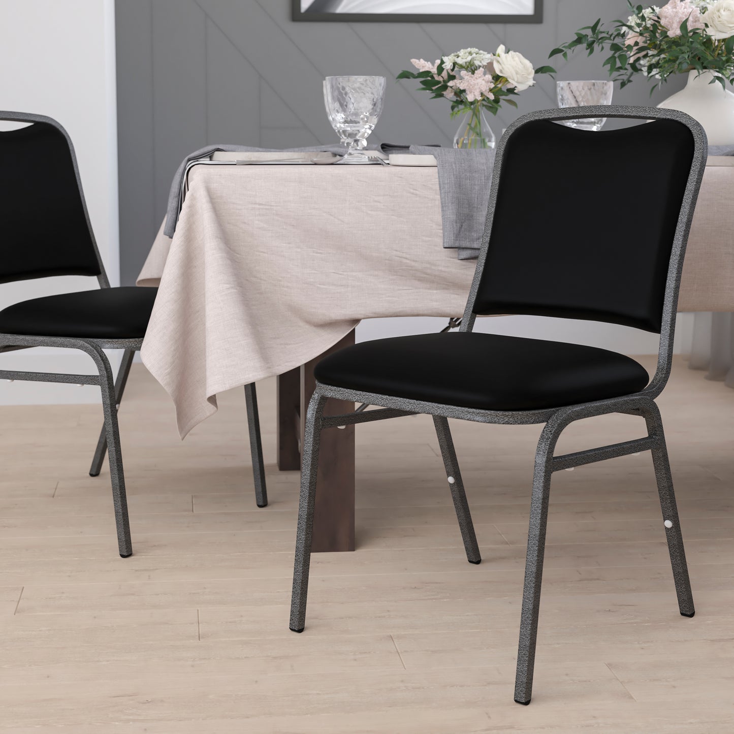 HERCULES Series Stacking Banquet Chair in Black Vinyl - Silver Vein Frame Black Vinyl/Silver Vein Frame NG-108-SV-BK-VYL-GG
