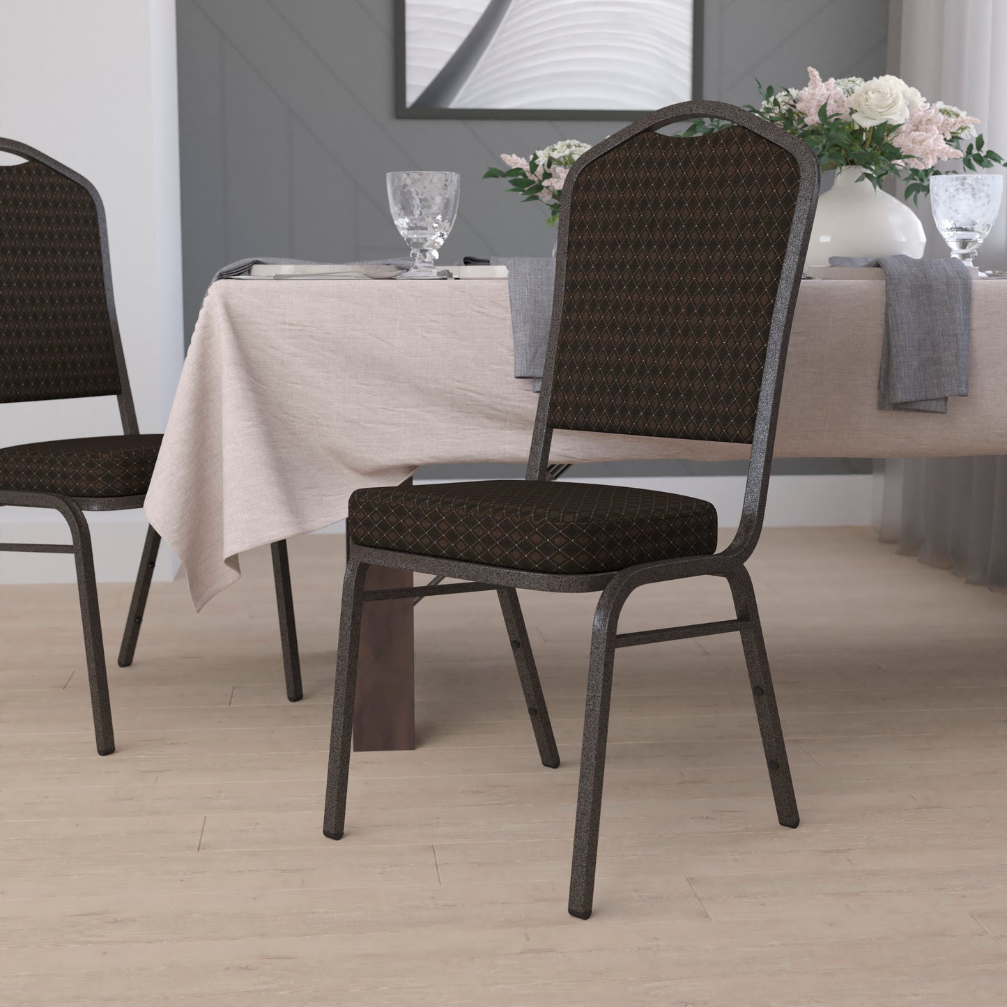 HERCULES Series Crown Back Stacking Banquet Chair in Brown Patterned Fabric - Gold Vein Frame Brown Patterned Fabric/Gold Vein Frame