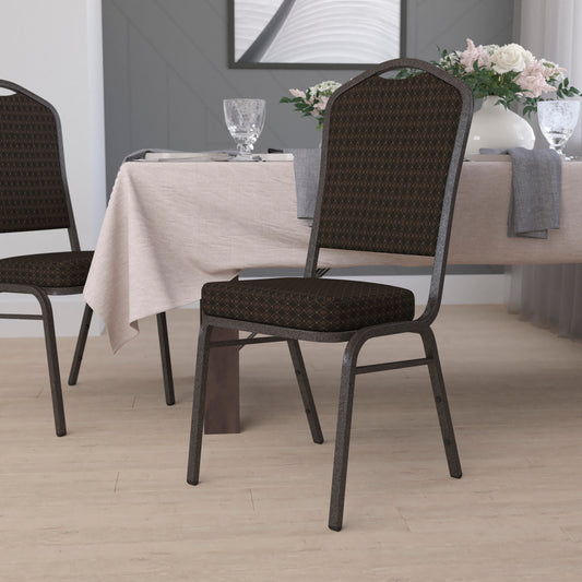 HERCULES Series Crown Back Stacking Banquet Chair in Brown Patterned Fabric - Gold Vein Frame Brown Patterned Fabric/Gold Vein Frame