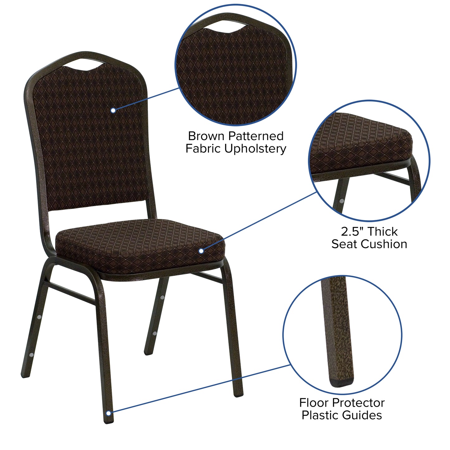 HERCULES Series Crown Back Stacking Banquet Chair in Brown Patterned Fabric - Gold Vein Frame Brown Patterned Fabric/Gold Vein Frame