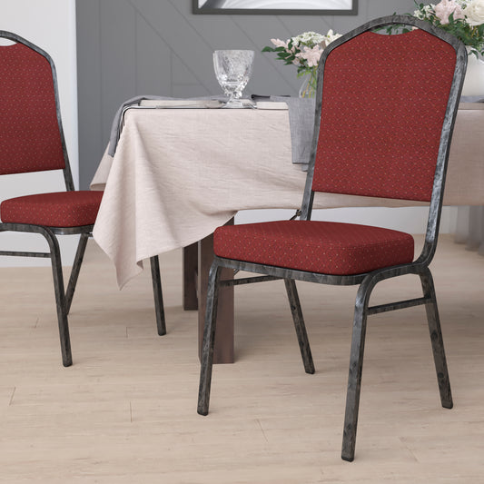 HERCULES Series Crown Back Stacking Banquet Chair in Burgundy Patterned Fabric - Silver Vein Frame Burgundy Patterned Fabric/Silver Vein Frame