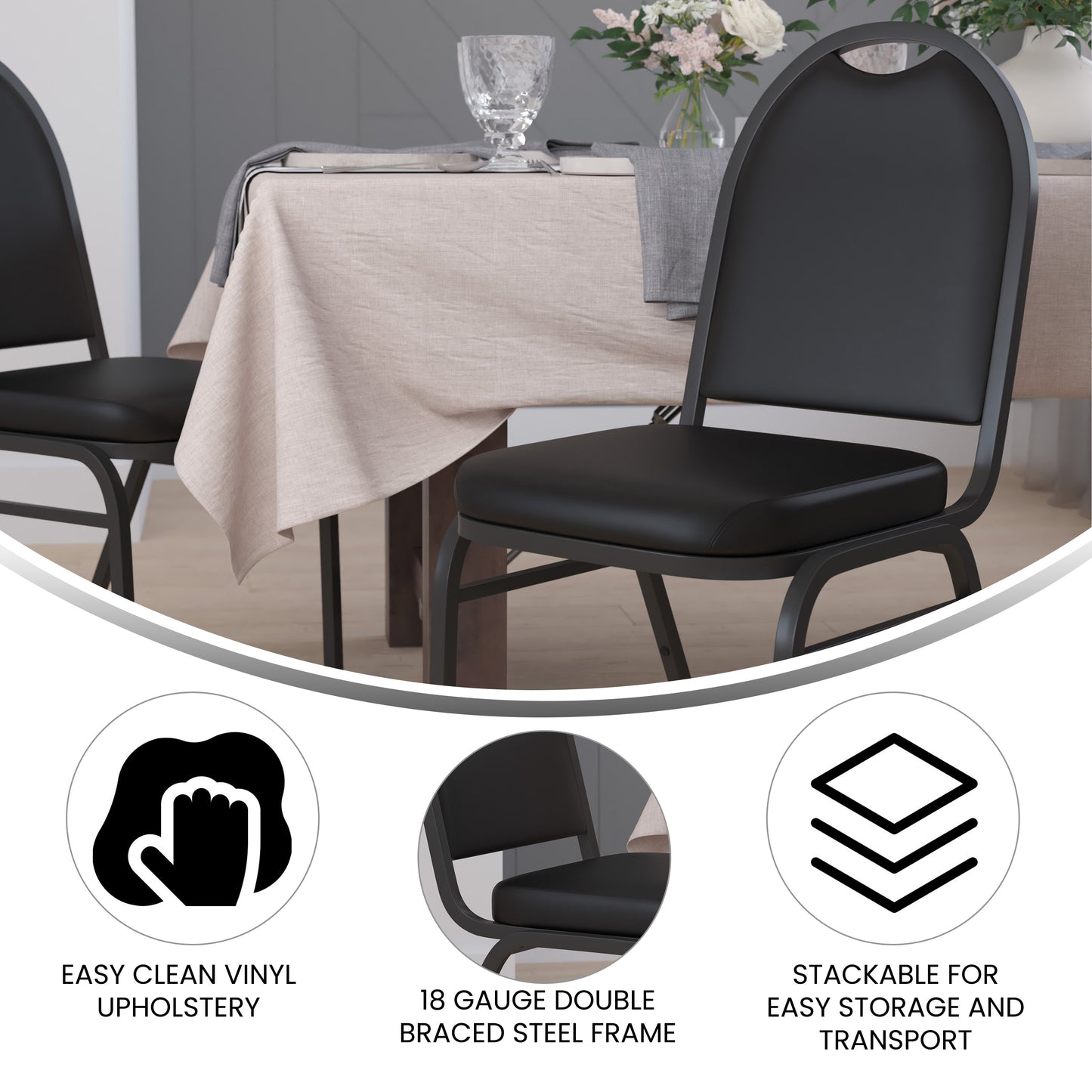 HERCULES Series Commercial Grade 500 LB. Capacity Dome Back Stacking Banquet Chair in Black Vinyl with Black Metal Frame Black Vinyl/Black Frame