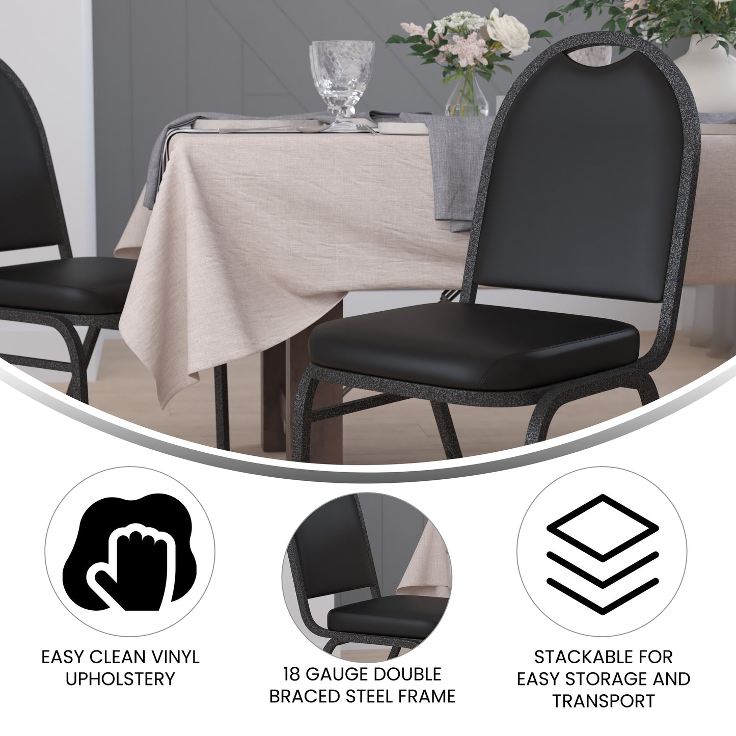 HERCULES Series Commercial Grade 500 LB. Capacity Dome Back Stacking Banquet Chair in Black Vinyl with Silver Vein Metal Frame Black Vinyl/Silver Vein Frame