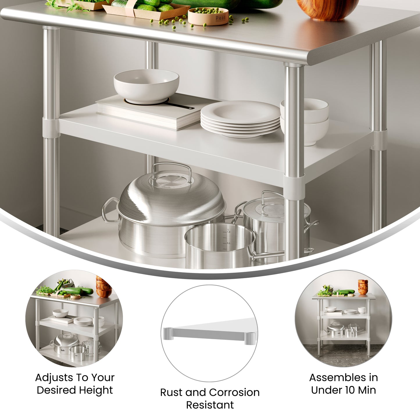 Woodford Galvanized Under Shelf for Prep and Work Tables - Adjustable Lower Shelf for 24" x 36" Stainless Steel Tables Stainless Steel