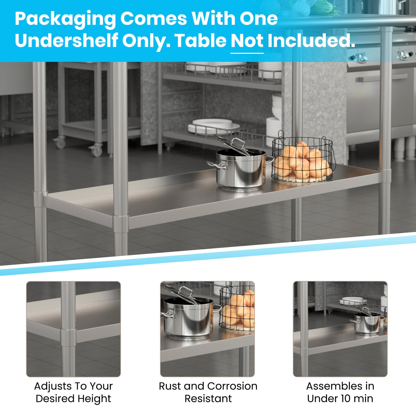 Woodford Galvanized Under Shelf for Prep and Work Tables - Adjustable Lower Shelf for 24" x 48" Stainless Steel Tables Stainless Steel