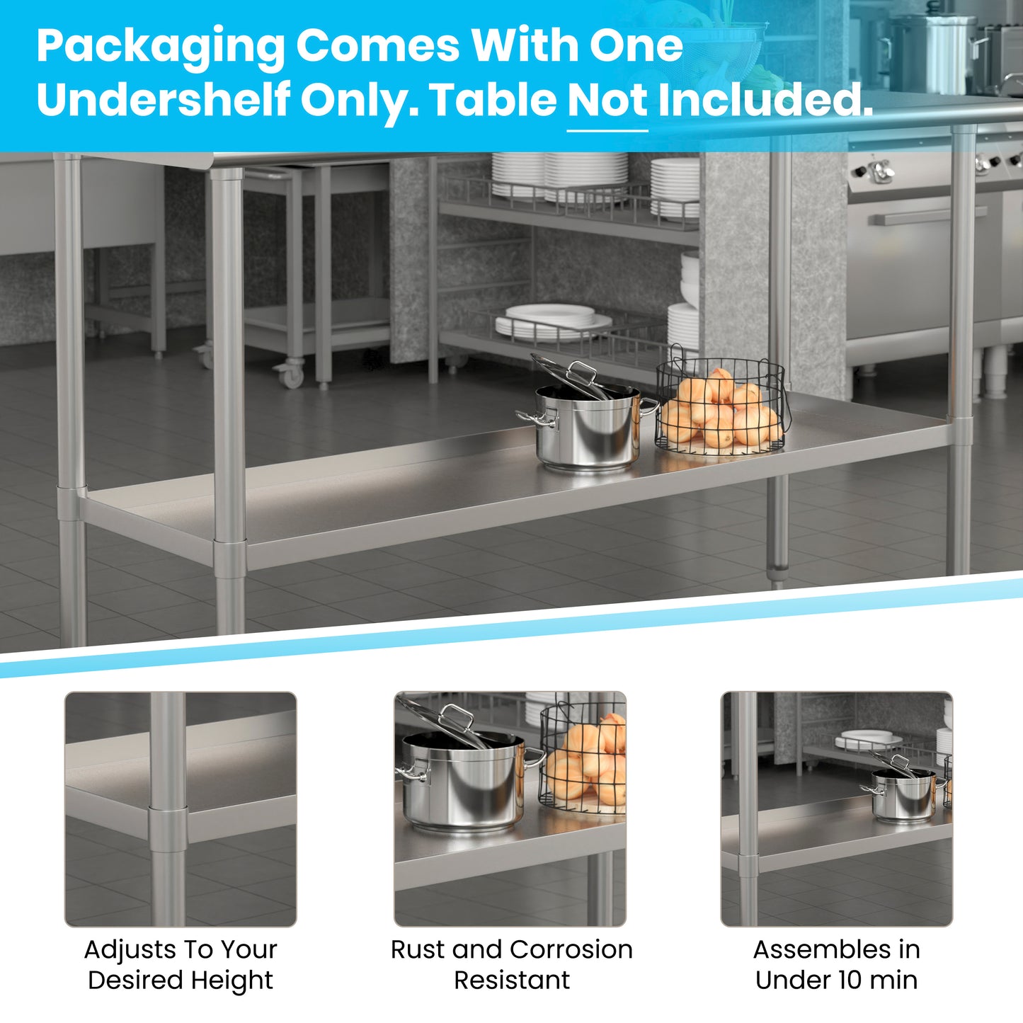 Woodford Galvanized Under Shelf for Prep and Work Tables - Adjustable Lower Shelf for 24" x 60" Stainless Steel Tables Stainless Steel