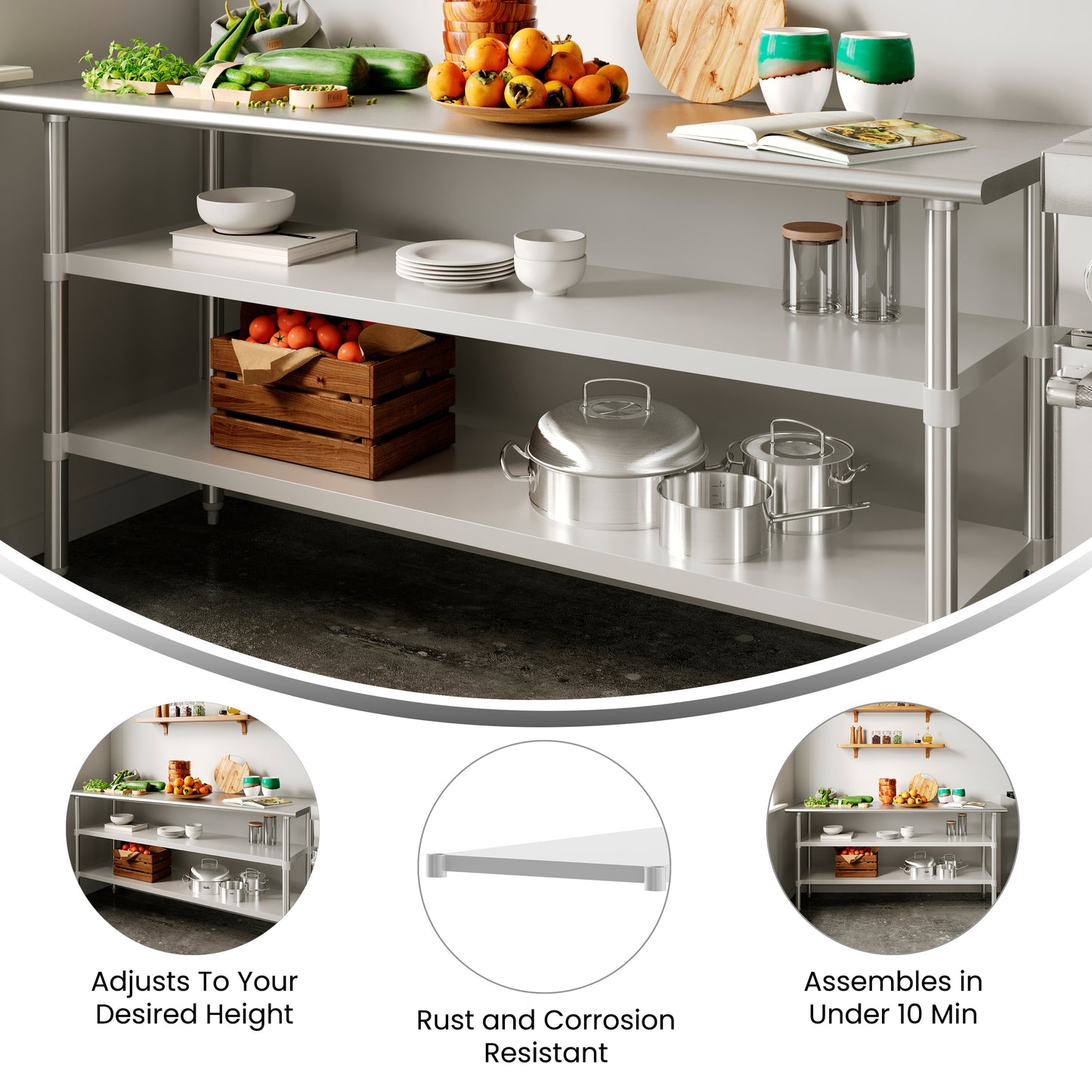Woodford Galvanized Under Shelf for Prep and Work Tables - Adjustable Lower Shelf for 24" x 72" Stainless Steel Tables Stainless Steel