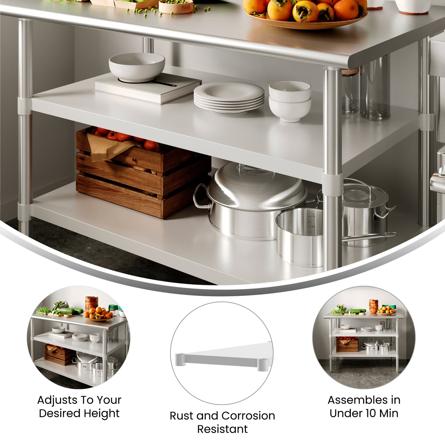 Woodford Galvanized Under Shelf for Prep and Work Tables - Adjustable Lower Shelf for 30" x 48" Stainless Steel Tables Stainless Steel