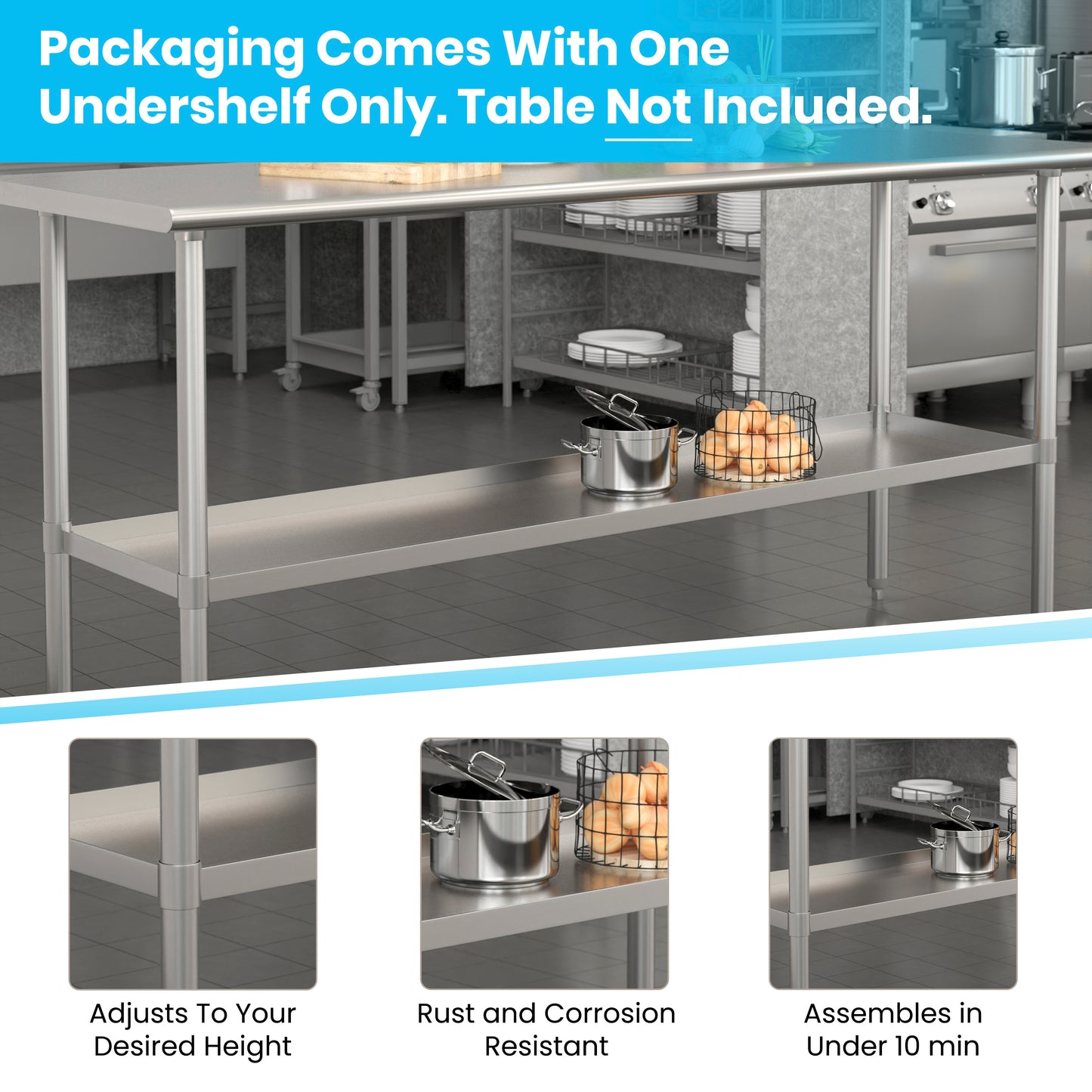 Woodford Galvanized Under Shelf for Prep and Work Tables - Adjustable Lower Shelf for 30" x 72" Stainless Steel Tables Stainless Steel
