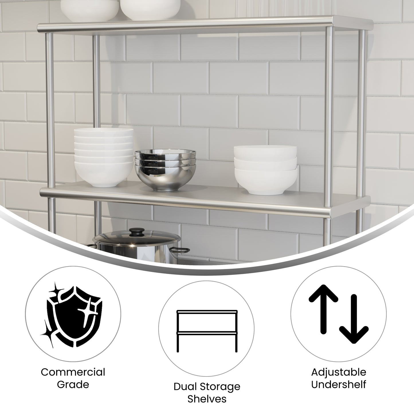 Reese Commercial Grade 430 Stainless Steel 18 Gauge NSF Certified 36" x 12" Metal Kitchen Double Overshelf Stainless Steel