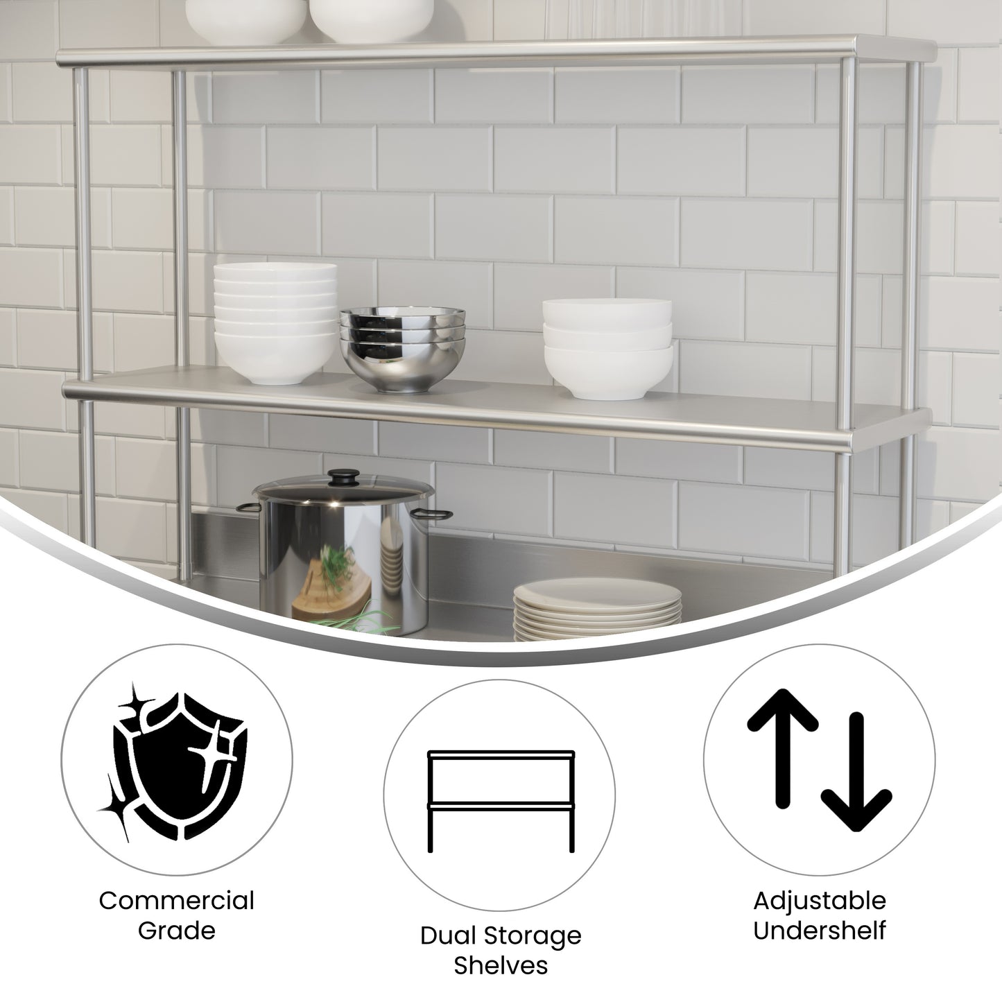 Reese Commercial Grade 430 Stainless Steel 18 Gauge NSF Certified 48" x 12" Metal Kitchen Double Overshelf Stainless Steel