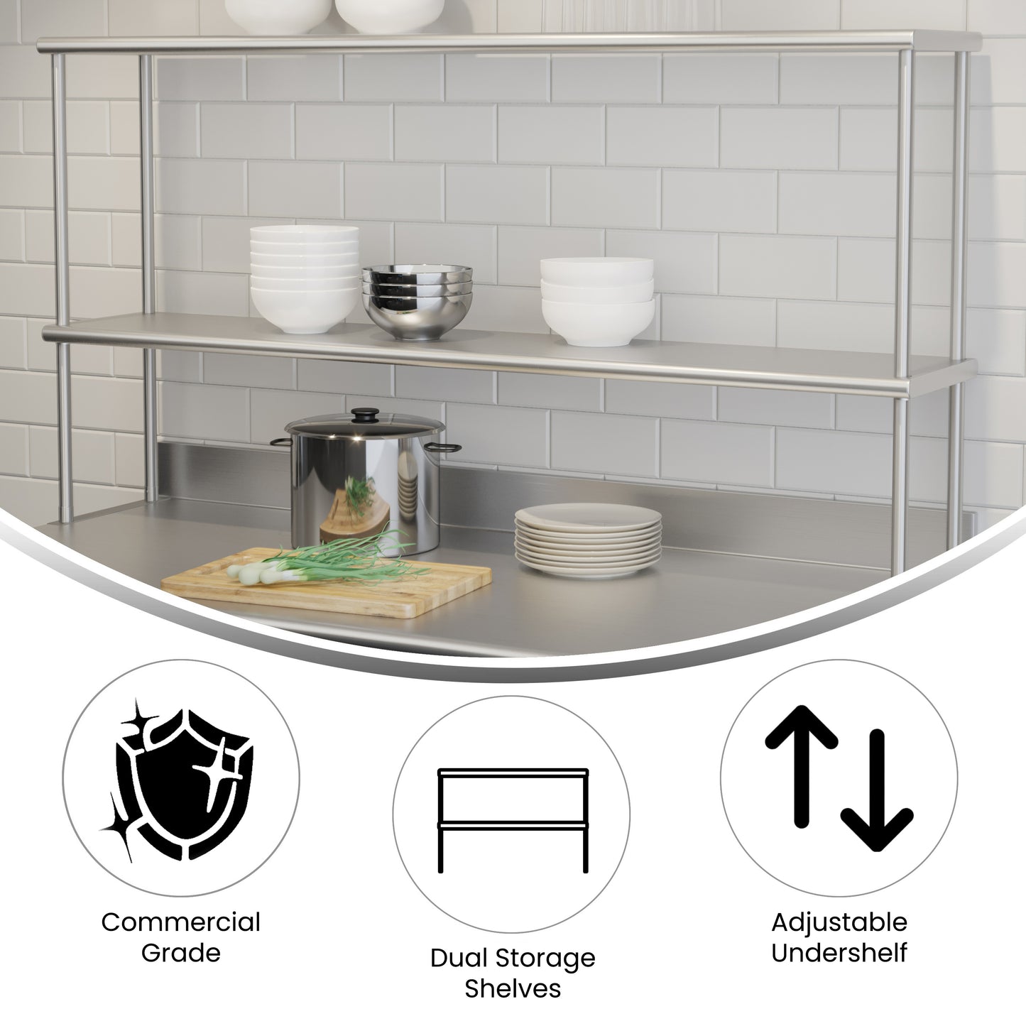 Reese Commercial Grade 430 Stainless Steel 18 Gauge NSF Certified 60" x 12" Metal Kitchen Double Overshelf Stainless Steel
