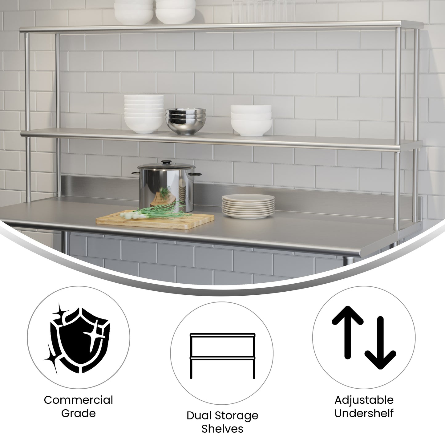 Reese Commercial Grade 430 Stainless Steel 18 Gauge NSF Certified 72" x 12" Metal Kitchen Double Overshelf Stainless Steel