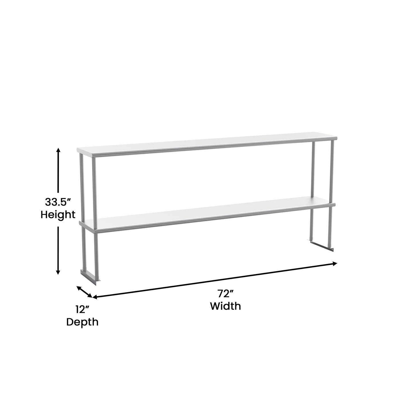 Reese Commercial Grade 430 Stainless Steel 18 Gauge NSF Certified 72" x 12" Metal Kitchen Double Overshelf Stainless Steel