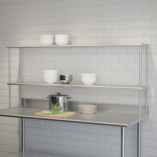 Reese Commercial Grade 430 Stainless Steel 18 Gauge NSF Certified 72" x 12" Metal Kitchen Double Overshelf Stainless Steel
