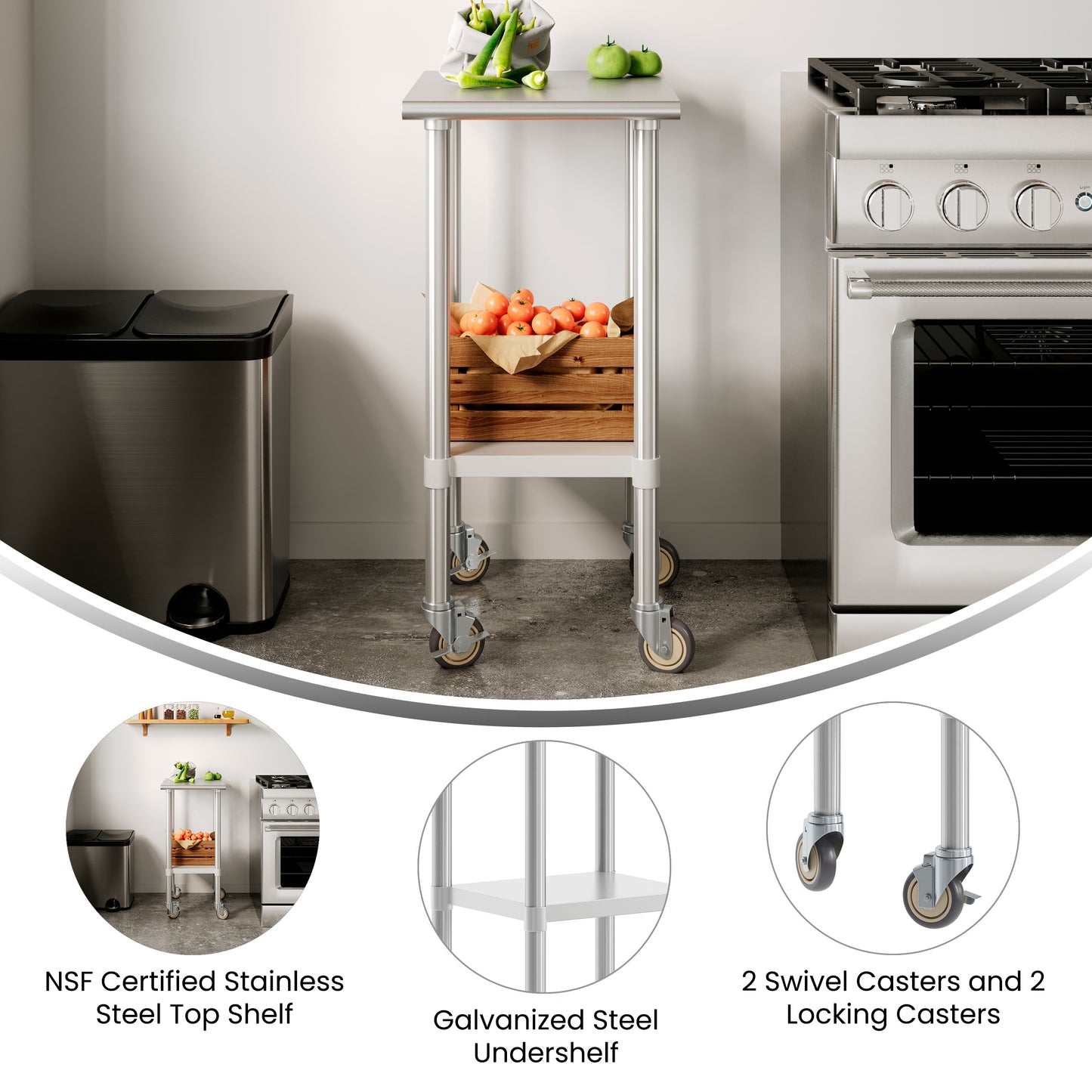 Reese 24x18 Portable Prep and Work Table with NSF Certified 18 Gauge Stainless Steel Top Shelf, Galvanized Steel Undershelf, 4 Casters with 2 Locking Stainless Steel