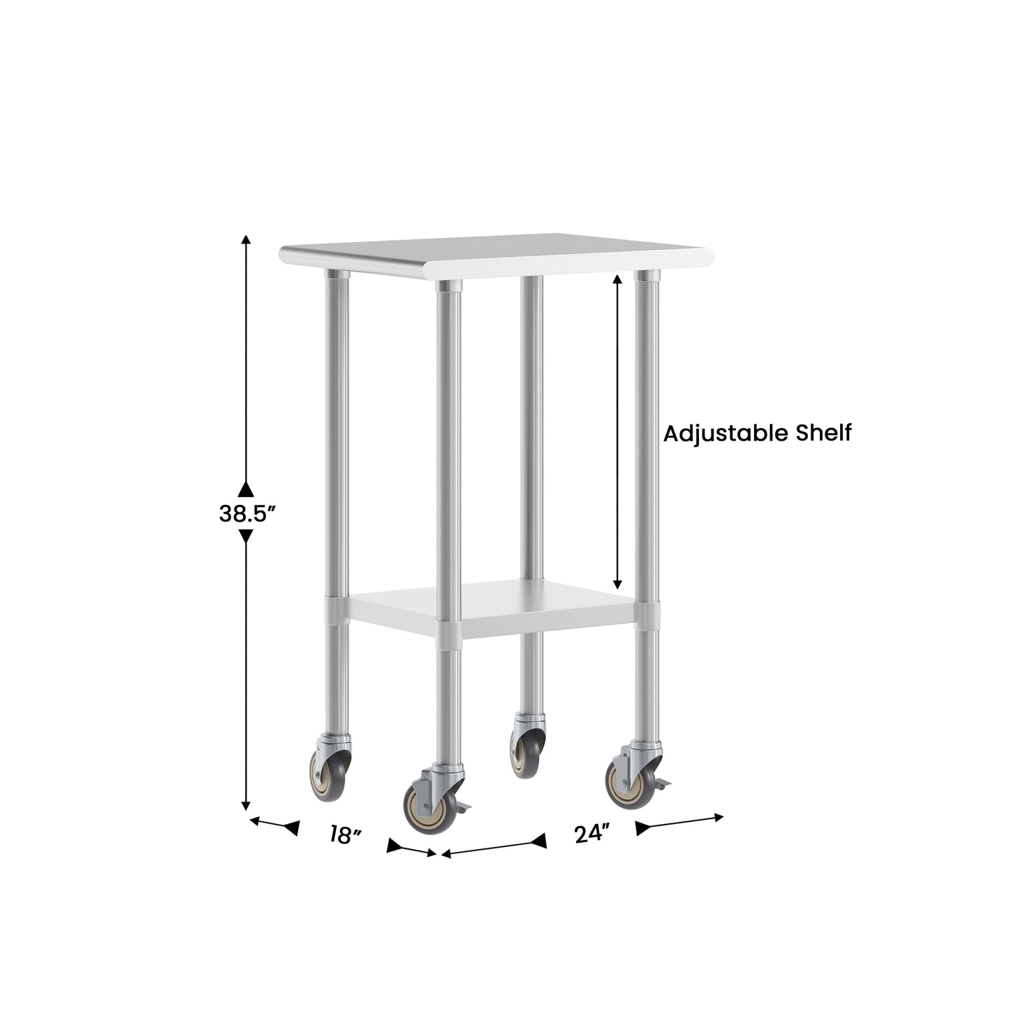 Reese 24x18 Portable Prep and Work Table with NSF Certified 18 Gauge Stainless Steel Top Shelf, Galvanized Steel Undershelf, 4 Casters with 2 Locking Stainless Steel