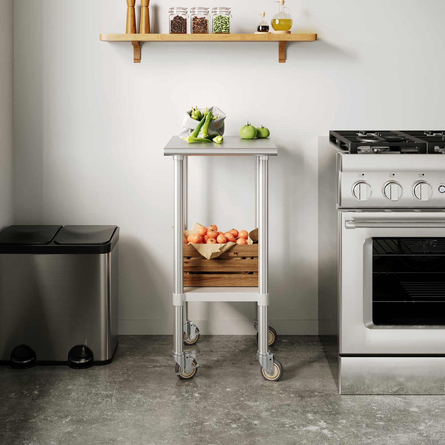 Reese 24x18 Portable Prep and Work Table with NSF Certified 18 Gauge Stainless Steel Top Shelf, Galvanized Steel Undershelf, 4 Casters with 2 Locking Stainless Steel