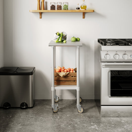 Reese 24x18 Portable Prep and Work Table with NSF Certified 18 Gauge Stainless Steel Top Shelf, Galvanized Steel Undershelf, 4 Casters with 2 Locking Stainless Steel