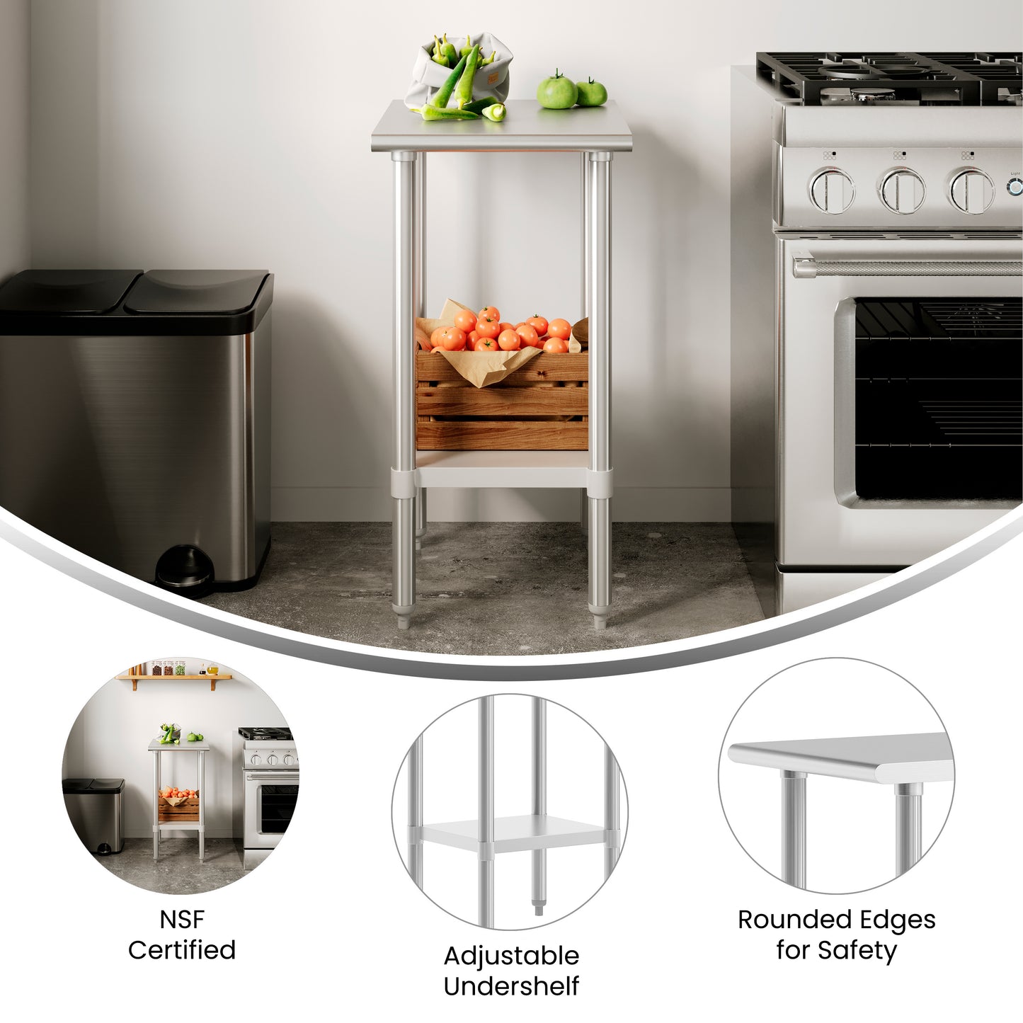 Reese 24x18 Portable Prep and Work Table with NSF Certified 18 Gauge Stainless Steel Top Shelf and Adjustable Galvanized Steel Undershelf Stainless Steel