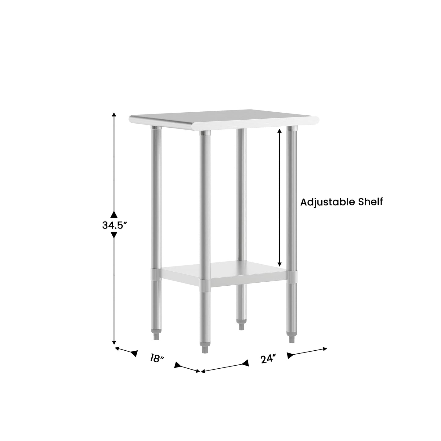 Reese 24x18 Portable Prep and Work Table with NSF Certified 18 Gauge Stainless Steel Top Shelf and Adjustable Galvanized Steel Undershelf Stainless Steel