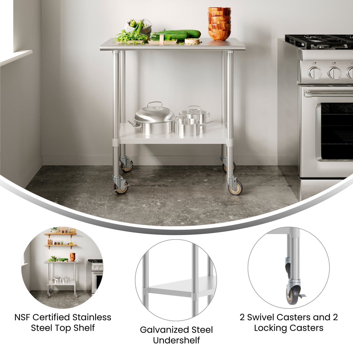 Reese 24x36 Portable Prep and Work Table with NSF Certified 18 Gauge Stainless Steel Top Shelf, Galvanized Steel Undershelf, 4 Casters with 2 Locking Stainless Steel