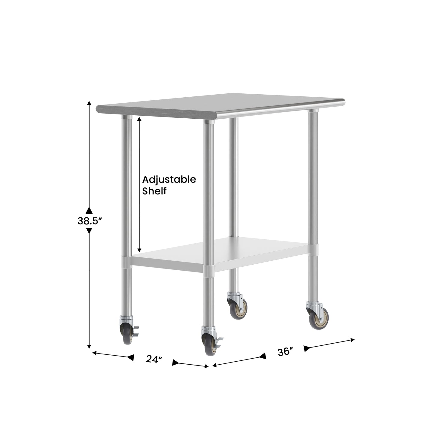 Reese 24x36 Portable Prep and Work Table with NSF Certified 18 Gauge Stainless Steel Top Shelf, Galvanized Steel Undershelf, 4 Casters with 2 Locking Stainless Steel