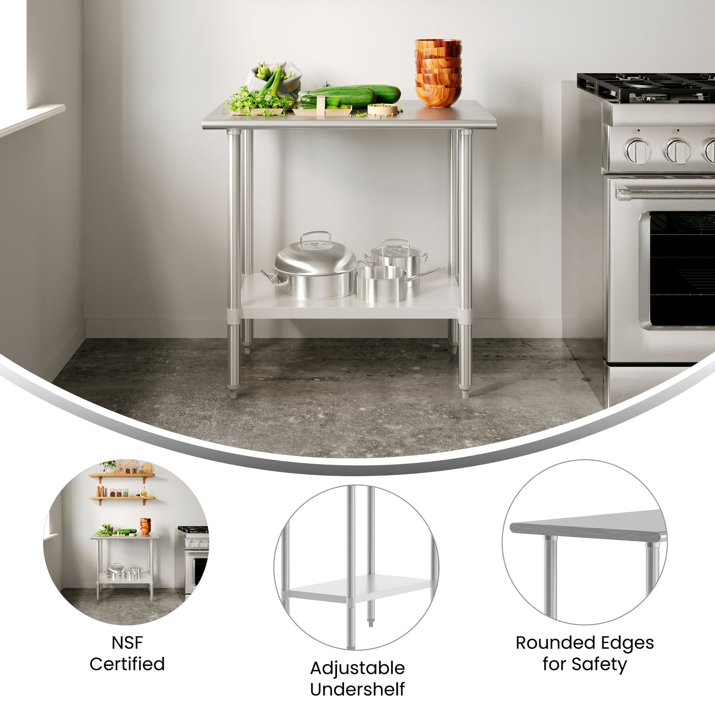 Reese 24x36 Portable Prep and Work Table with NSF Certified 18 Gauge Stainless Steel Top Shelf and Adjustable Galvanized Steel Undershelf Stainless Steel
