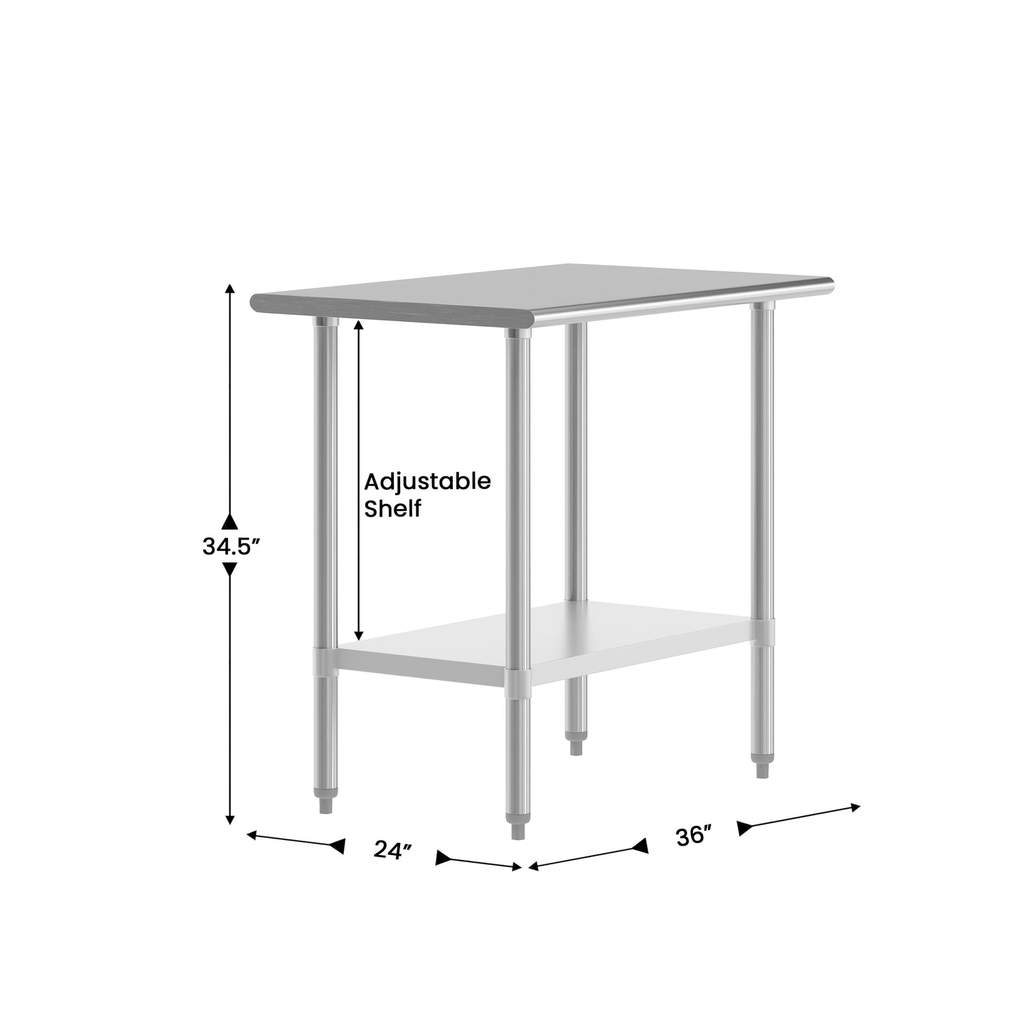Reese 24x36 Portable Prep and Work Table with NSF Certified 18 Gauge Stainless Steel Top Shelf and Adjustable Galvanized Steel Undershelf Stainless Steel