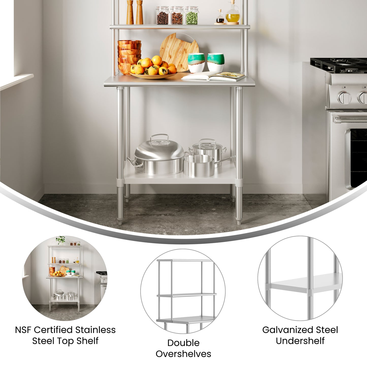 Reese 24x36 Portable Prep and Work Table with NSF Certified 18 Gauge Stainless Steel Top Shelf and Double Overshelves and Galvanized Steel Undershelf Stainless Steel