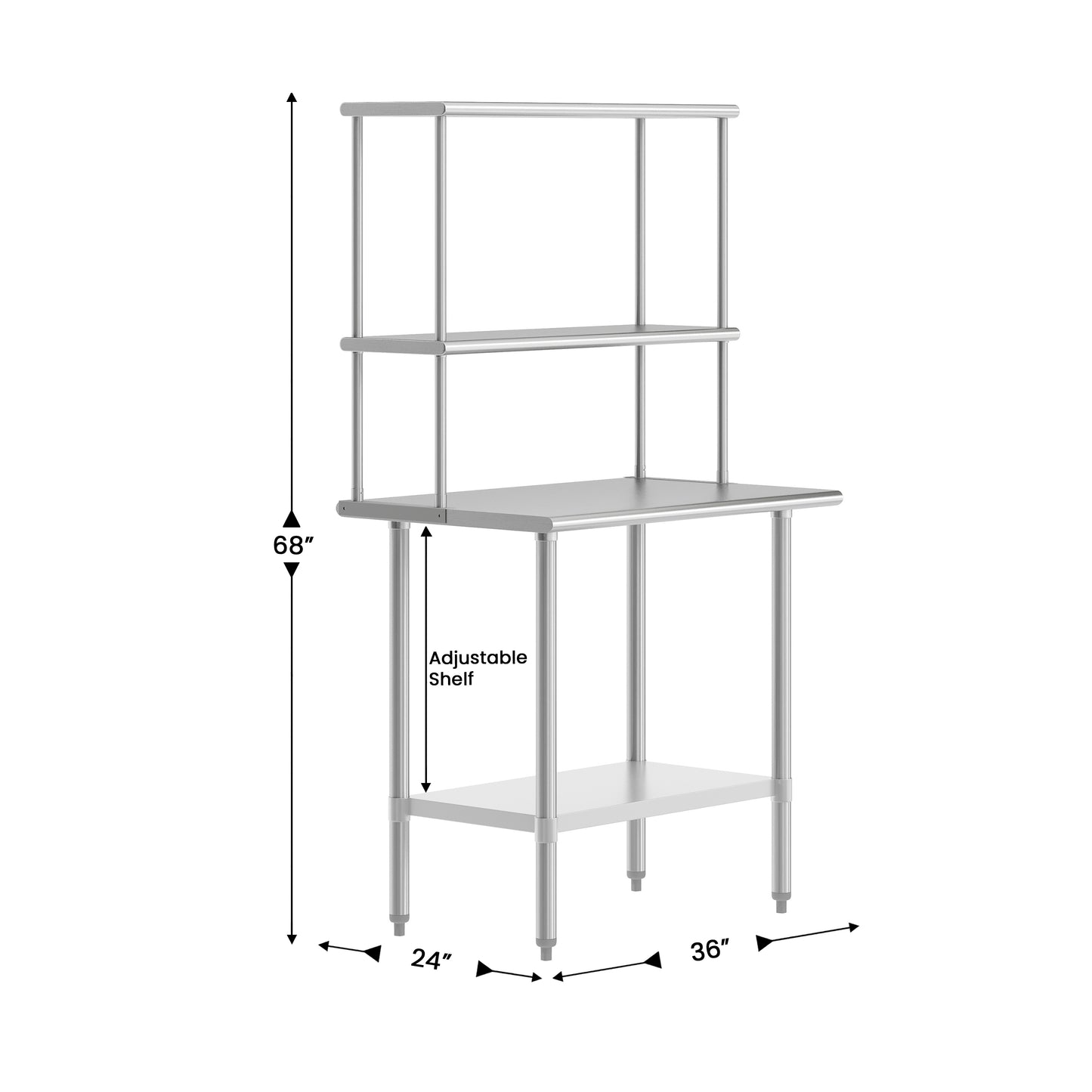 Reese 24x36 Portable Prep and Work Table with NSF Certified 18 Gauge Stainless Steel Top Shelf and Double Overshelves and Galvanized Steel Undershelf Stainless Steel