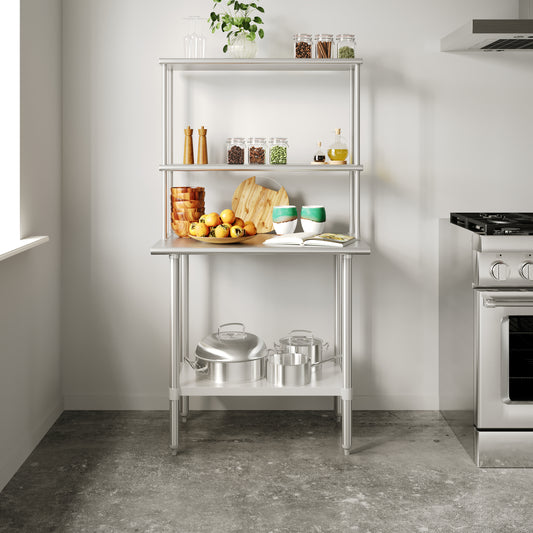 Reese 24x36 Portable Prep and Work Table with NSF Certified 18 Gauge Stainless Steel Top Shelf and Double Overshelves and Galvanized Steel Undershelf Stainless Steel