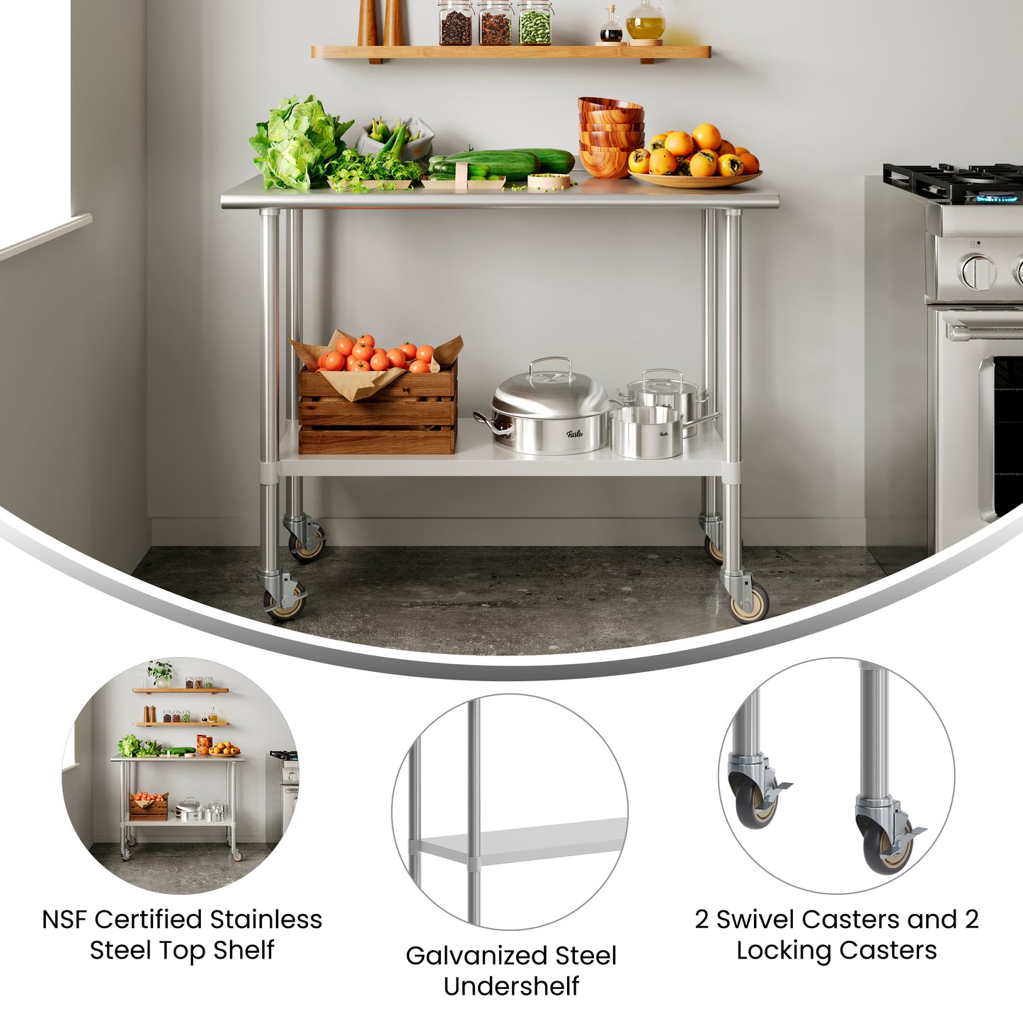 Rawcliffe Portable Prep and Work Table with NSF Certified 18 Gauge Stainless Steel Top Shelf, Galvanized Steel Undershelf and 4 Casters with 2 Locking Stainless Steel