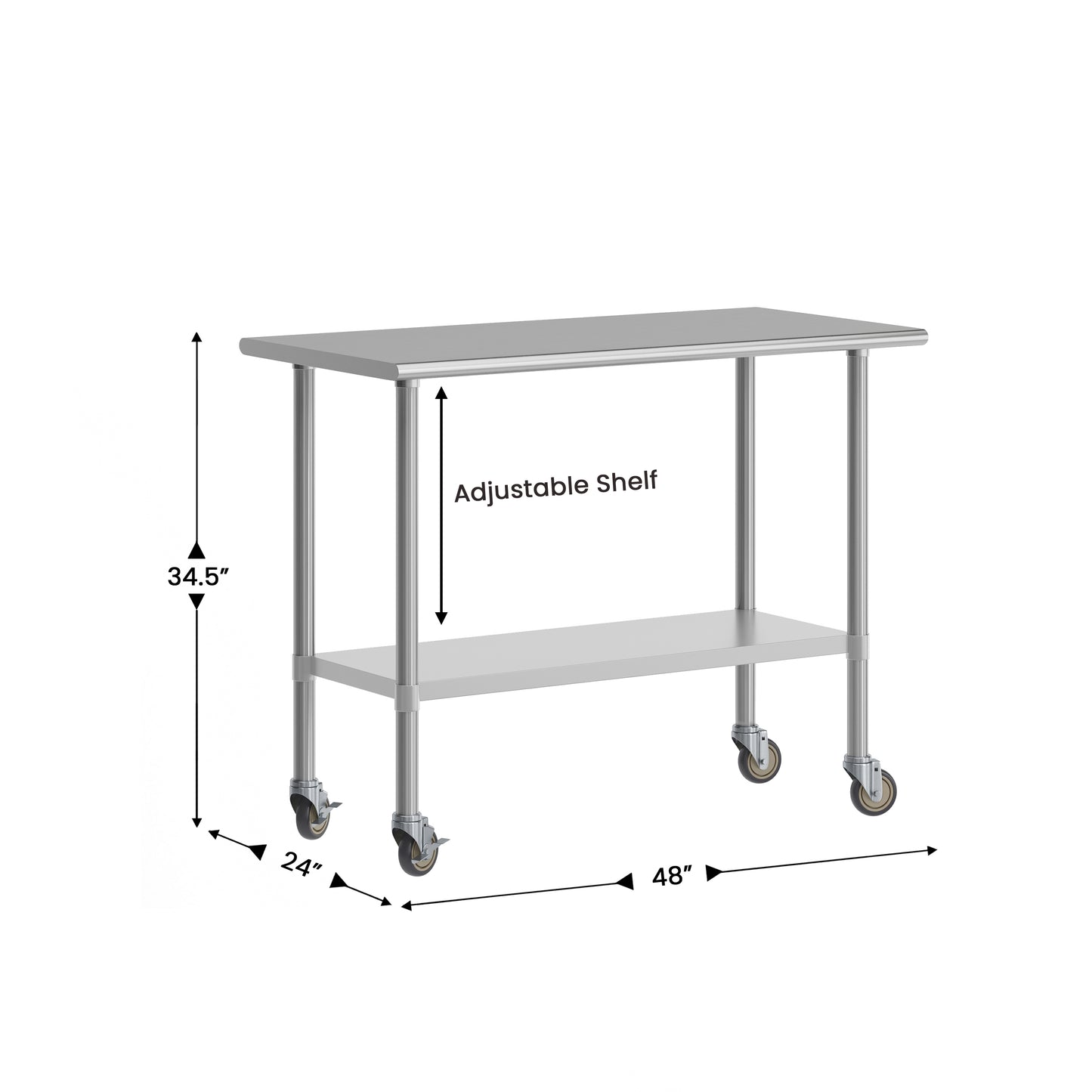 Rawcliffe Portable Prep and Work Table with NSF Certified 18 Gauge Stainless Steel Top Shelf, Galvanized Steel Undershelf and 4 Casters with 2 Locking Stainless Steel