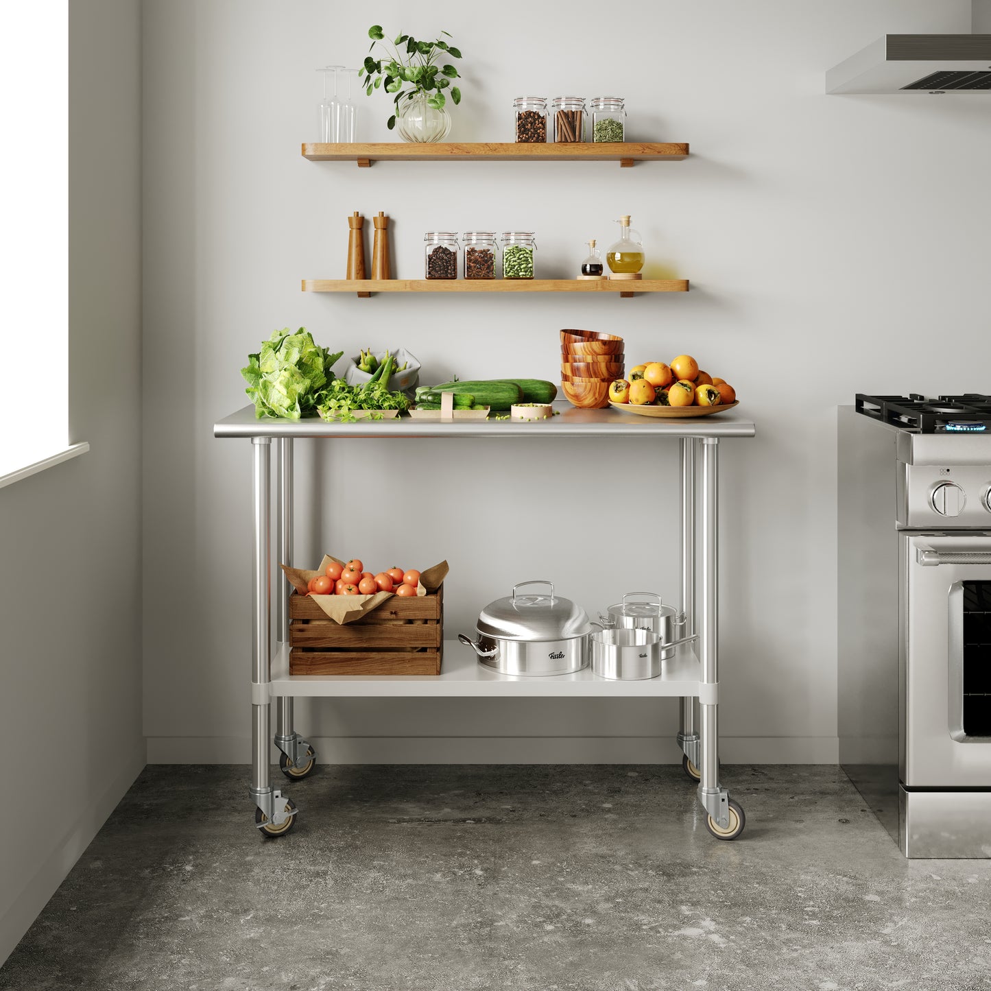 Rawcliffe Portable Prep and Work Table with NSF Certified 18 Gauge Stainless Steel Top Shelf, Galvanized Steel Undershelf and 4 Casters with 2 Locking Stainless Steel