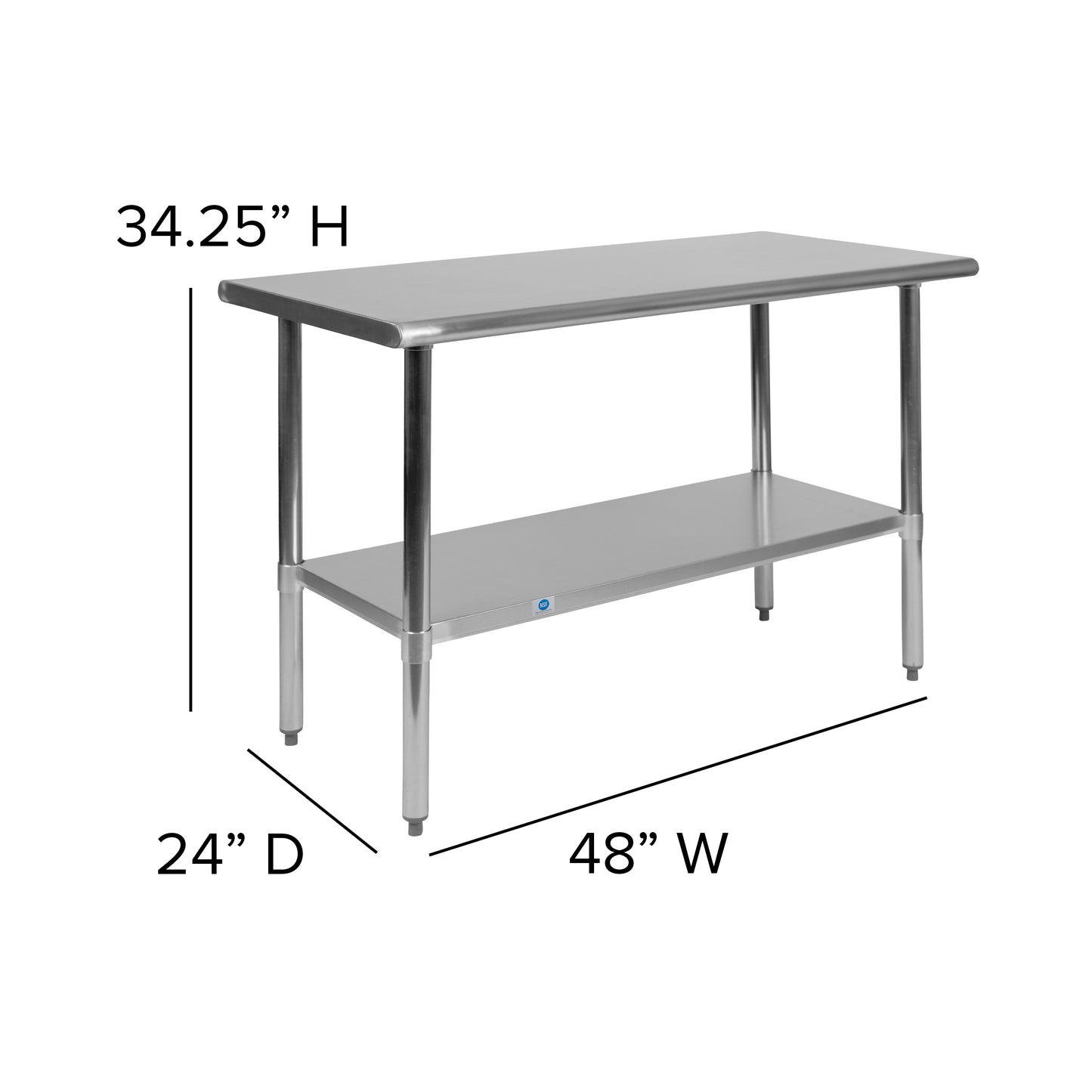 Rawcliffe Stainless Steel 18 Gauge Prep and Work Table with Undershelf - NSF Certified - 48"W x 24"D x 34.5"H Stainless Steel