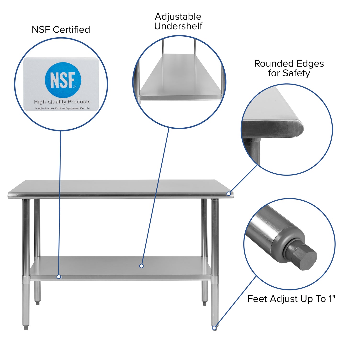 Rawcliffe Stainless Steel 18 Gauge Prep and Work Table with Undershelf - NSF Certified - 48"W x 24"D x 34.5"H Stainless Steel