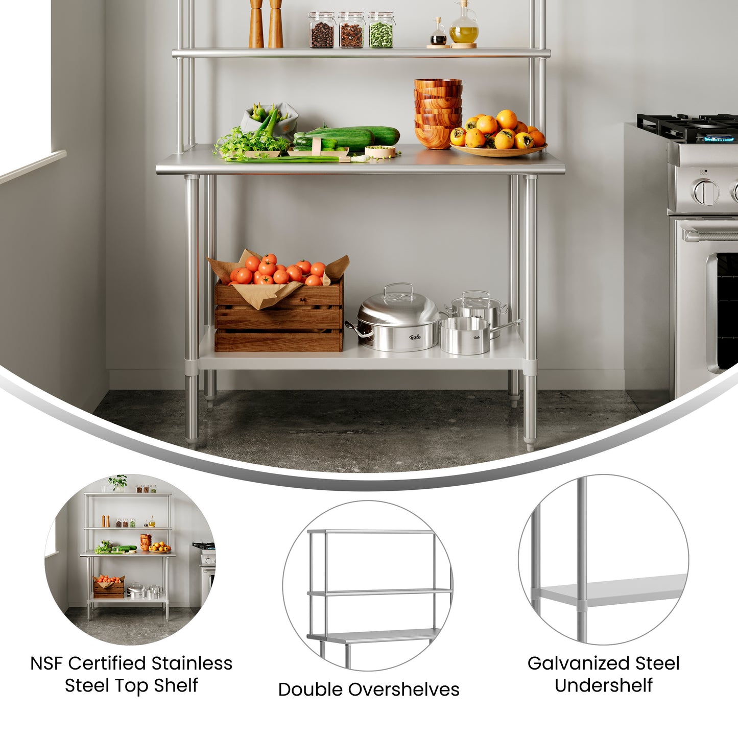 Rawcliffe Portable Prep and Work Table with NSF Certified 18 Gauge Stainless Steel Top Shelf and Double Overshelves and Galvanized Steel Undershelf Stainless Steel