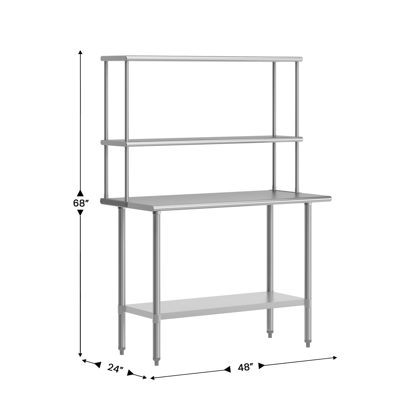 Rawcliffe Portable Prep and Work Table with NSF Certified 18 Gauge Stainless Steel Top Shelf and Double Overshelves and Galvanized Steel Undershelf Stainless Steel