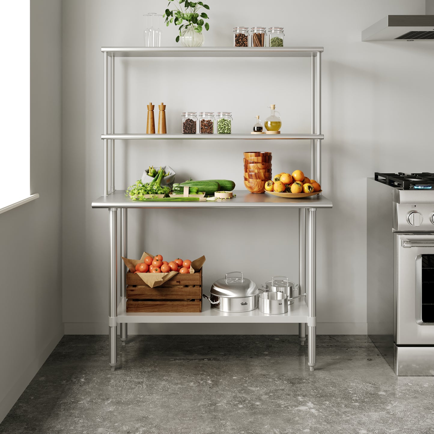 Rawcliffe Portable Prep and Work Table with NSF Certified 18 Gauge Stainless Steel Top Shelf and Double Overshelves and Galvanized Steel Undershelf Stainless Steel