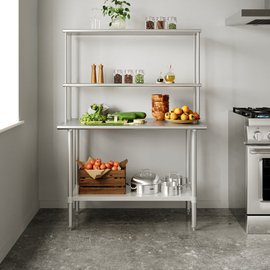 Rawcliffe Portable Prep and Work Table with NSF Certified 18 Gauge Stainless Steel Top Shelf and Double Overshelves and Galvanized Steel Undershelf Stainless Steel