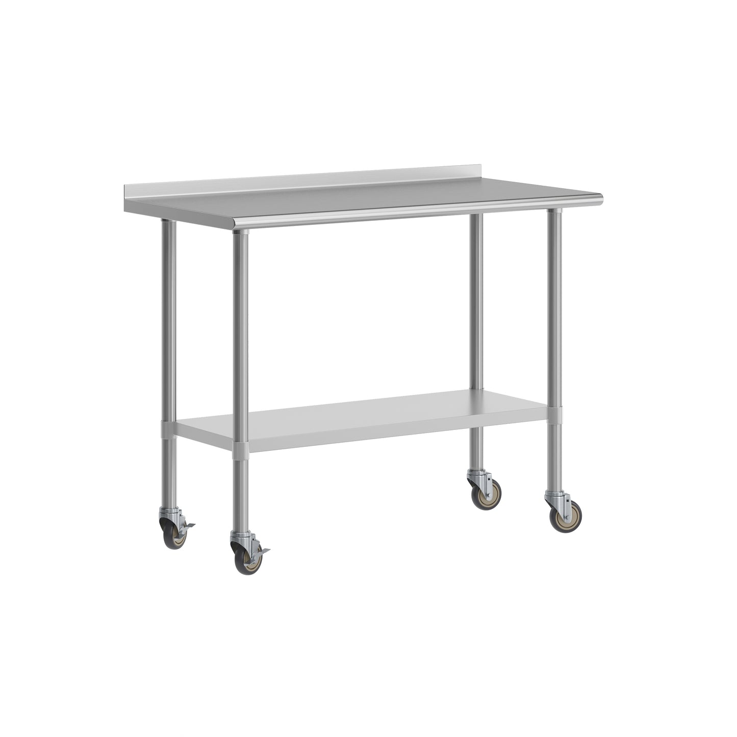 Rawcliffe Stainless Steel 18 Gauge NSF Cert. Portable Prep and Work Table with 1.5" Backsplash, Undershelf and 2 Locking Casters- 48"W x 24"D x 36"H Stainless Steel
