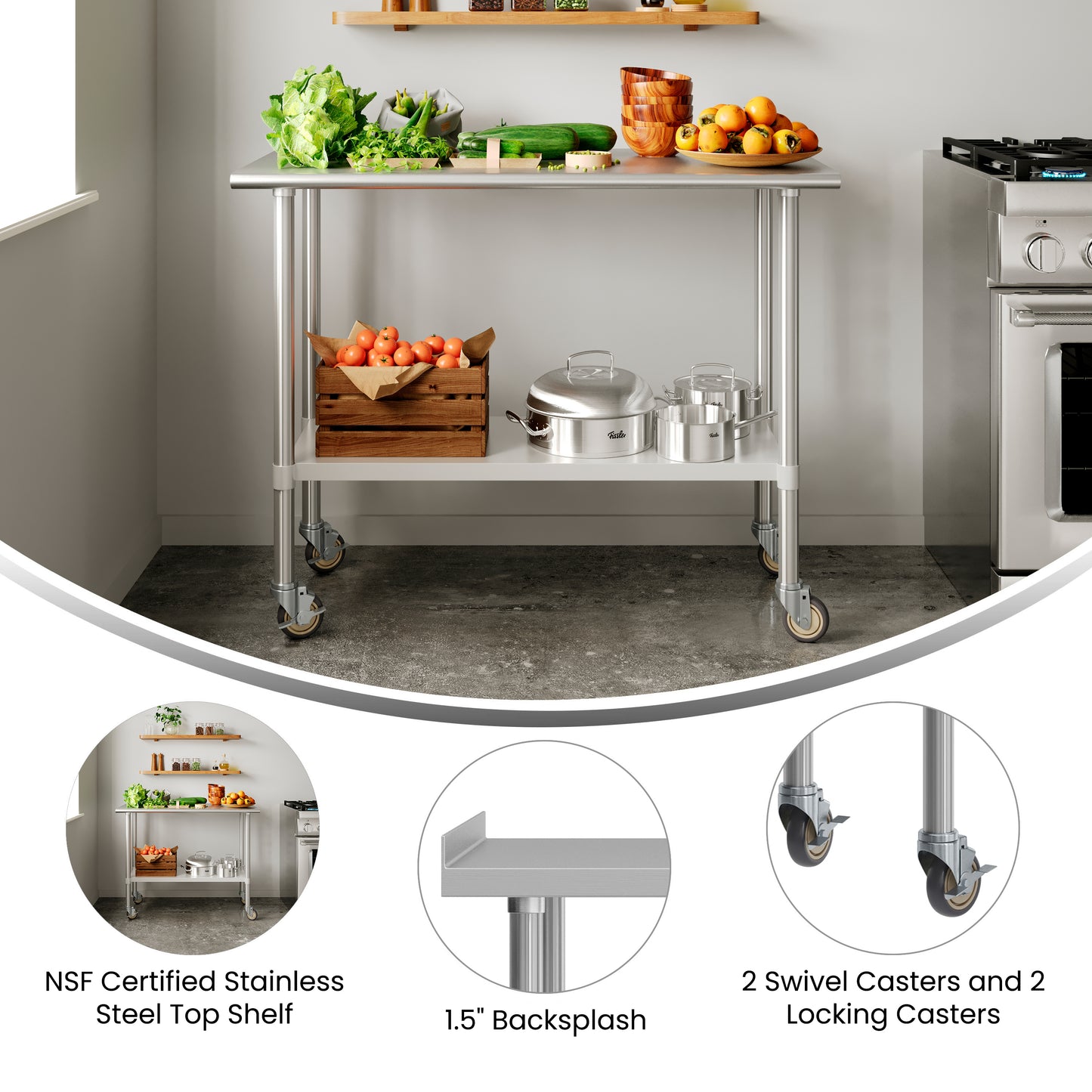 Rawcliffe Stainless Steel 18 Gauge NSF Cert. Portable Prep and Work Table with 1.5" Backsplash, Undershelf and 2 Locking Casters- 48"W x 24"D x 36"H Stainless Steel