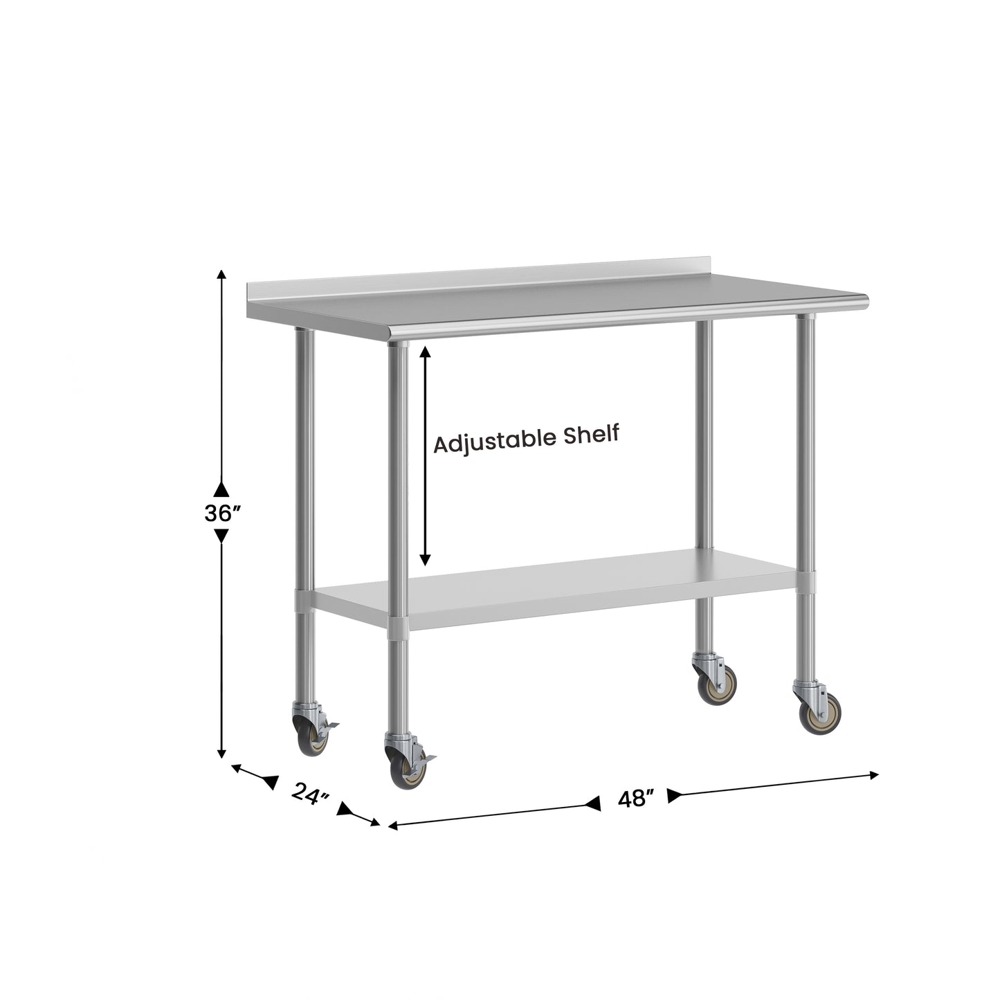 Rawcliffe Stainless Steel 18 Gauge NSF Cert. Portable Prep and Work Table with 1.5" Backsplash, Undershelf and 2 Locking Casters- 48"W x 24"D x 36"H Stainless Steel