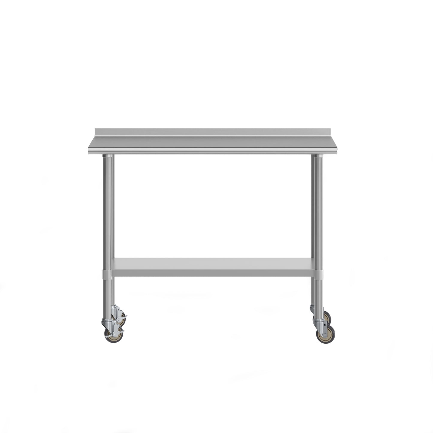 Rawcliffe Stainless Steel 18 Gauge NSF Cert. Portable Prep and Work Table with 1.5" Backsplash, Undershelf and 2 Locking Casters- 48"W x 24"D x 36"H Stainless Steel