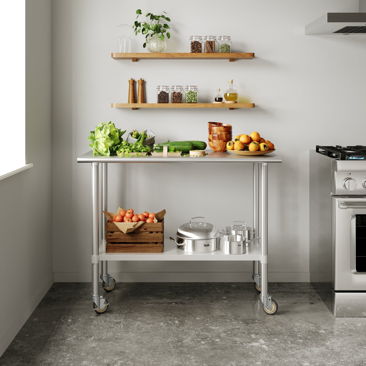 Rawcliffe Stainless Steel 18 Gauge NSF Cert. Portable Prep and Work Table with 1.5" Backsplash, Undershelf and 2 Locking Casters- 48"W x 24"D x 36"H Stainless Steel