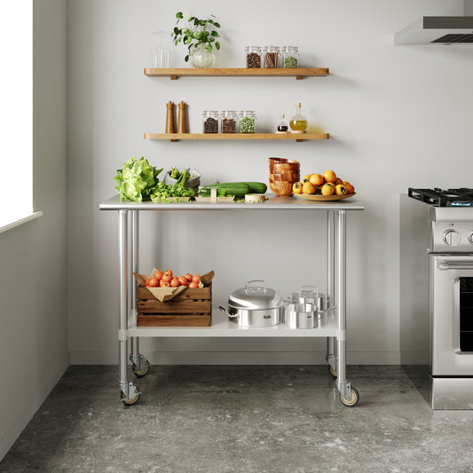Rawcliffe Stainless Steel 18 Gauge NSF Cert. Portable Prep and Work Table with 1.5" Backsplash, Undershelf and 2 Locking Casters- 48"W x 24"D x 36"H Stainless Steel