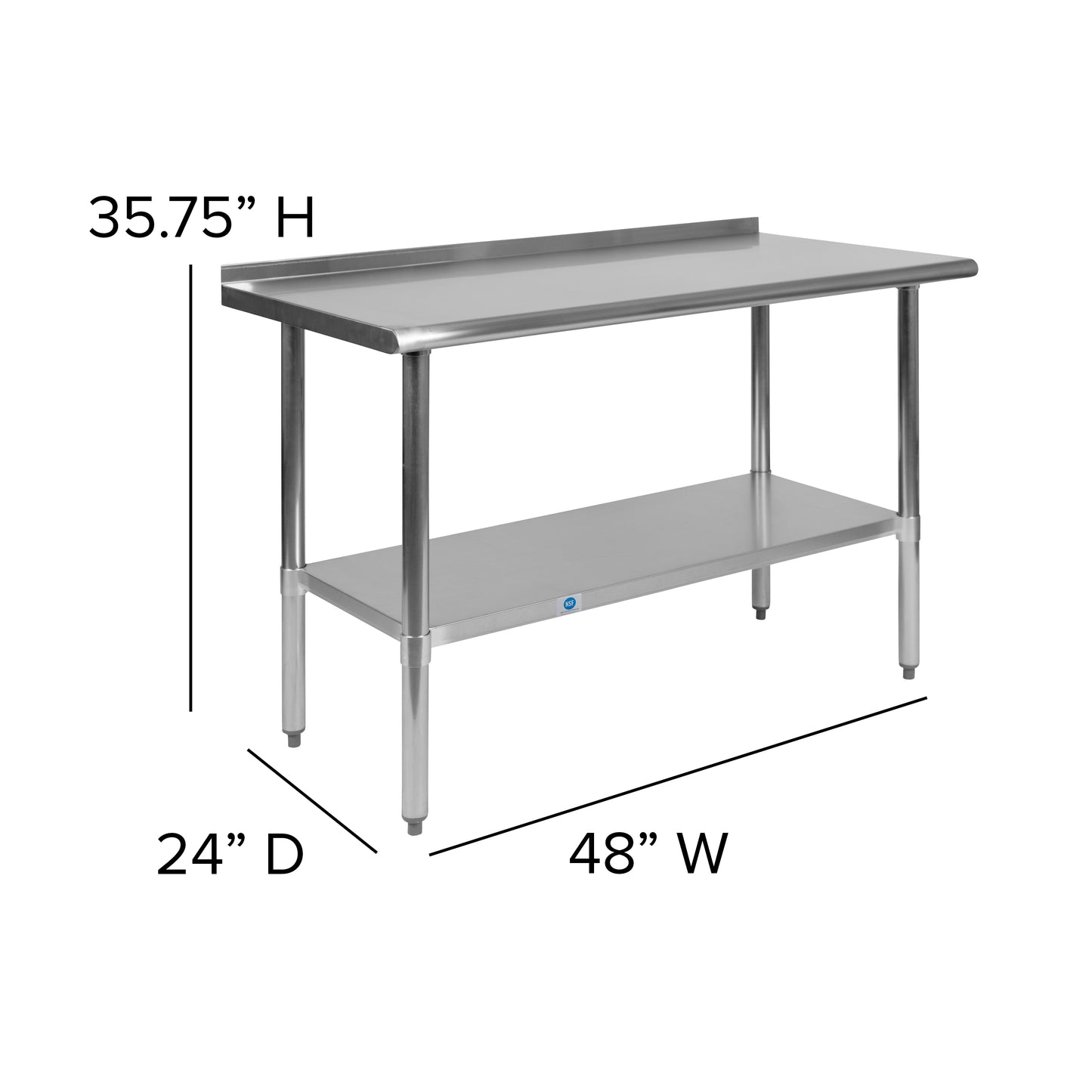 Rawcliffe Stainless Steel 18 Gauge Prep and Work Table with 1.5" Backsplash and Undershelf - NSF Certified - 48"W x 24"D x 36"H Stainless Steel